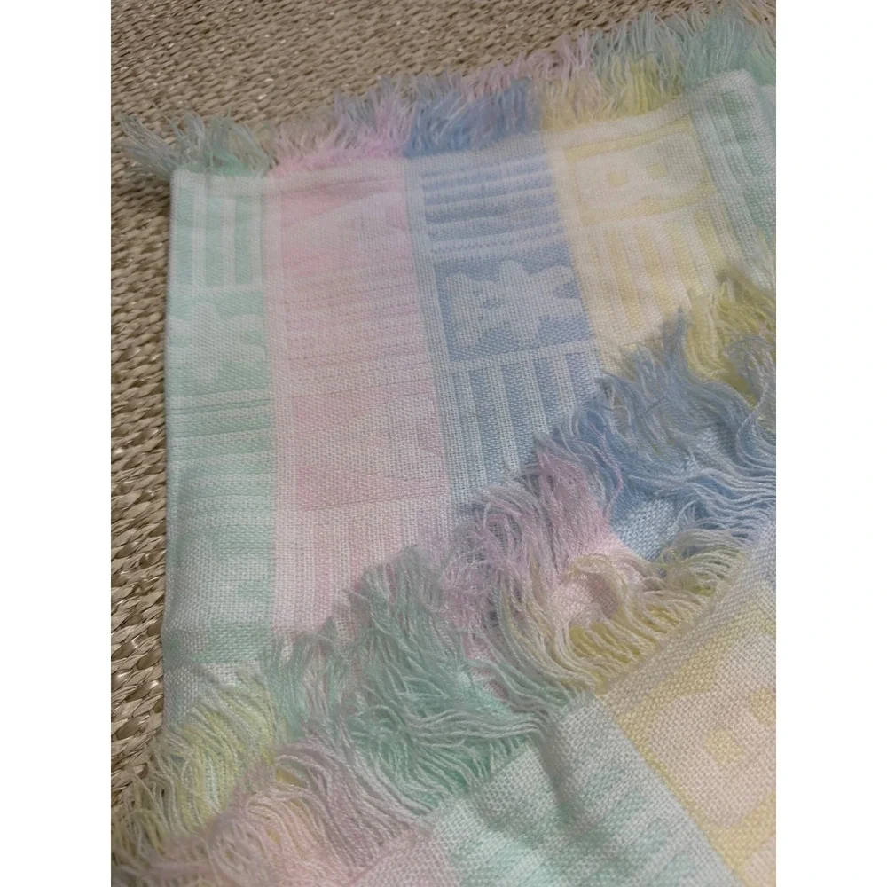 Vintage Pastel ABC Teddy Bear Baby Blanket Fringed Woven Nursery Cottagecore